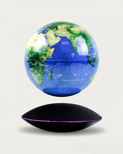 Table Funny Magnetic Levitation Globe Artwork - An innovative creation for geography lovers, education enthusiasts, and tech admirers, this piece from Table Funny features a magnetic levitation world globe with a sleek black UFO-shaped base, vibrant geographic detailing with multilingual labels, and an accurate Earth replication. Highlighted by its floating planetary silhouette, magnetic levitation technology, precise cartographic information, and futuristic design contrast