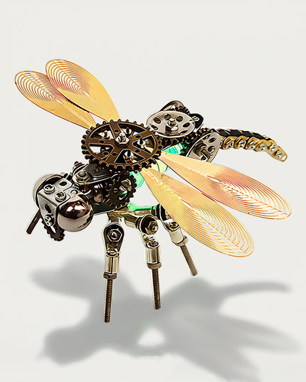 Table Funny DIY 3D Puzzle Metal Kit: Mechanical Dragonfly Metal Model with Central Gear-Driven, Gorgeous Gold Wireframe Wings, Unique Six-Legged DIY Desktop Ornament.