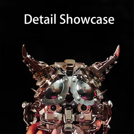 Detail showcase of DIY 3D puzzle metal model (mechanical monster head): Close-up of gears & metal parts (handheld view), a funny table decor for craft enthusiasts