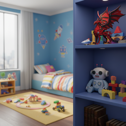 Red and black metal model of a dragon displayed on a blue shelf in a child's bedroom, alongside toys. This DIY 3D puzzle metal kit is a creative funny table decoration, also suitable as a unique metal model for kids' rooms