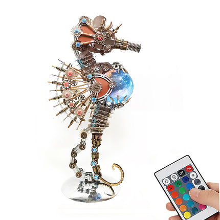 Side profile of a Steampunk Seahorse **3D metal puzzle** featuring a blue planet sphere and copper gears on a white background.