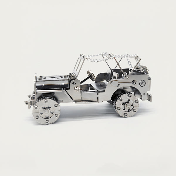 Jeep 3D-Puzzle-Metallbausatz – Ein selbst zusammenbaubares, faszinierendes Metallmodell für den Schreibtisch mit einem vintage-inspirierten, detailreichen und äußerst realistischen Kriegsfahrzeugdesign. Es besteht aus präzise gefertigten Metallkomponenten und bietet sowohl Spaß als auch Herausforderung beim Zusammenbau. Mit seiner hochwertigen Metallverarbeitung eignet es sich auch als nostalgisches Schreibtischornament.