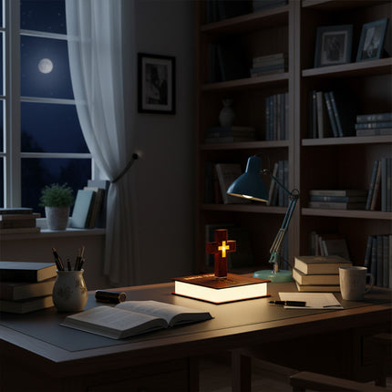 In the study at night, a wooden cross lamp floats on a magnetic levitation base beside the desk, a desk lamp, and scattered books — modern magnetic levitation decor.
