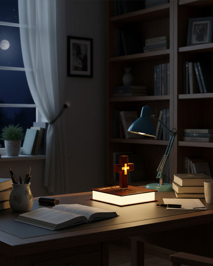 In the study at night, a wooden cross lamp floats on a magnetic levitation base beside the desk, a desk lamp, and scattered books — modern magnetic levitation decor.