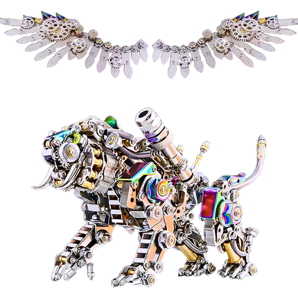 This is a winged iridescent steampunk mechanical tiger, assembled via 3D metal puzzles. It features multi-tonal (iridescent/silver/gold) stainless steel/alloy parts, exposed gears/joints, poseable wings/limbs, and intricate mechanical details.Highlighted by eye-catching iridescent texture, dynamic wing design, and precise puzzle craftsmanship, it’s a striking collectible blending 3D puzzle art, steampunk aesthetics, and mechanical styling.