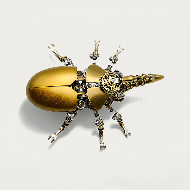 This is a Tablefunny steampunk mechanical beetle 3D metal puzzle kit: Made of gold and silver metal, it replicates the beetle’s form, featuring a shiny gold curved shell paired with a mechanical long-beak-shaped head. Gears, axles and other components are densely arranged on the body and multiple legs, with exquisite craftsmanship and rich details. It enhances a sense of technology and metallic texture via vintage industrial-style elements—a creatively designed decorative desktop ornament kit.