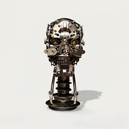 Complete cyber-mechanical DIY 3D puzzle metal model: Mechanical head + spring base (glowing eyes), a funny table decor for craft collection showcase