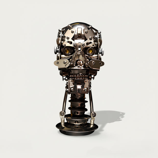 Complete cyber-mechanical DIY 3D puzzle metal model: Mechanical head + spring base (glowing eyes), a funny table decor for craft collection showcase