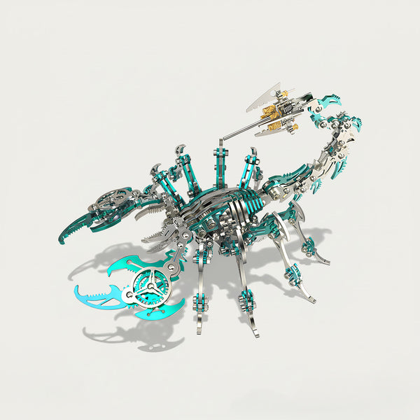 Teal and silver DIY metal scorpion 3D puzzle kit. This intricate metal model makes a great funny table centerpiece or unique gift.