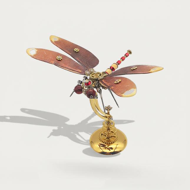 Funny Table Ornament - 3D Puzzle Metal Kits DIY Steampunk Dragonfly Metal Model: Intricate Mechanical Details, Delicate Wing Texture & Polished Brass Stand