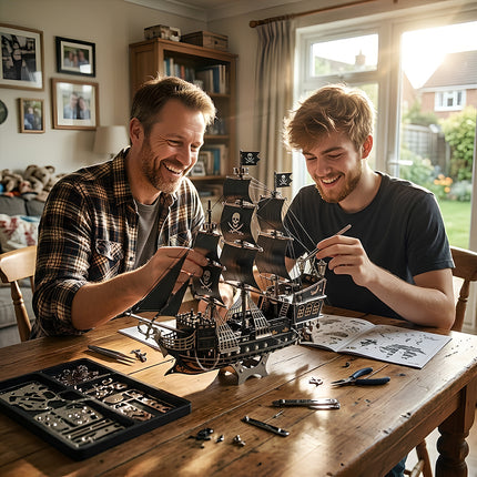 Building an intricate steampunk puzzle ship together using professional 3D puzzle Metal Kits for a fun DIY hobby.