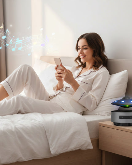 A woman reclines on her bed using a smartphone, while a magnetic levitation flying saucer speaker with blue-green light hovers on the nightstand — modern wireless bedside decor