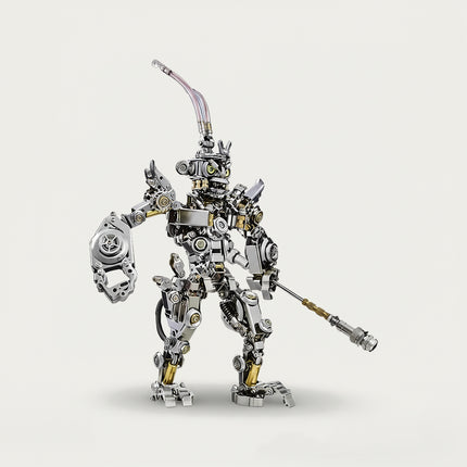 Detailed metal robot warrior model kit, a complex 3D mechanical puzzle for sci-fi enthusiasts.