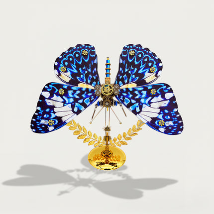 Delightful 3D puzzle metal model of mechanical butterfly - diy craft kit with engaging assembly fun, finished as eye-catching funny table ornament with vibrant blue-white wings & ornate gear centerpiece, perfect for creative decor setups