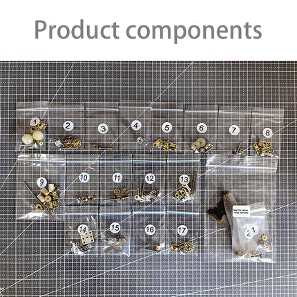 A clear overhead view of "Product components" for a steampunk puzzle, displaying numerous numbered plastic bags filled with intricate gears, screws, and various small metal parts, alongside the wing assembly, laid out on a cutting mat. This image highlights the comprehensive nature of the metal model kit, demonstrating its detailed mechanical steampunk engineering as a challenging 3D puzzle Metal Kit for assembling a unique steampunk mech.