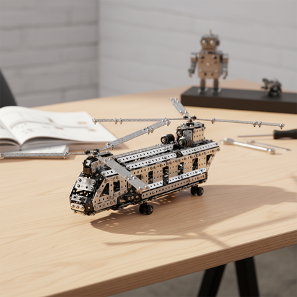 Table Funny Mechanical Helicopter 3D Metal Puzzle Kit - An impressive project for aviation lovers, engineering enthusiasts, and craft lovers, this creation from Table Funny presents a mechanical helicopter with metallic components, precise structural mechanisms, and industrial aviation styling, highlighted by complete parts kit and professional-grade assembly details. It’s a rewarding Table Funny build experience that merges workshop authenticity, mechanical precision, and creative fulfillment.