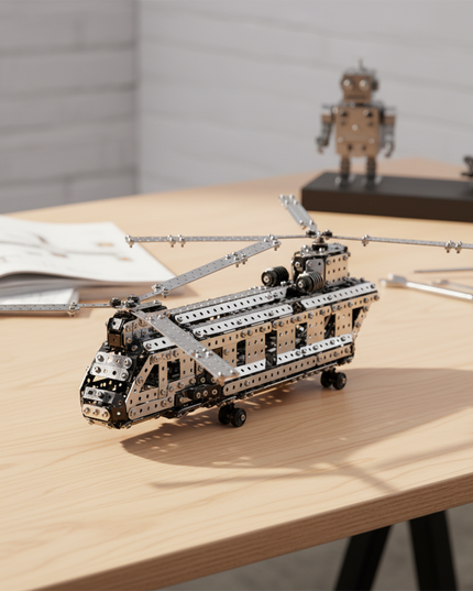 Table Funny Mechanical Helicopter 3D Metal Puzzle Kit - An impressive project for aviation lovers, engineering enthusiasts, and craft lovers, this creation from Table Funny presents a mechanical helicopter with metallic components, precise structural mechanisms, and industrial aviation styling, highlighted by complete parts kit and professional-grade assembly details. It’s a rewarding Table Funny build experience that merges workshop authenticity, mechanical precision, and creative fulfillment.