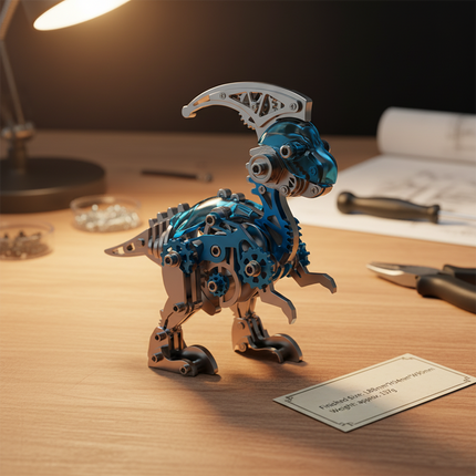  A completed blue and silver Parasaurolophus 3D puzzle metal model, showcasing intricate gears and a polished finish. This DIY metal kit result makes for a unique and funny table decoration or collectible.