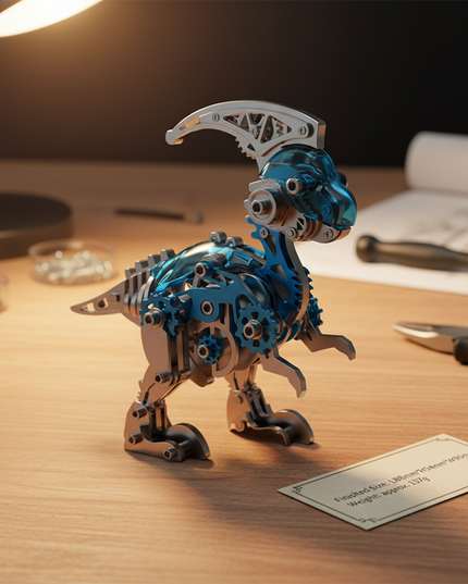  A completed blue and silver Parasaurolophus 3D puzzle metal model, showcasing intricate gears and a polished finish. This DIY metal kit result makes for a unique and funny table decoration or collectible.