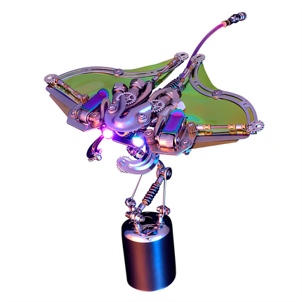 Standing steampunk flying ray metal model kit, an intricate metallic 3D puzzle / puzzle mécanique métal with unique iridescent wings on a display stand.