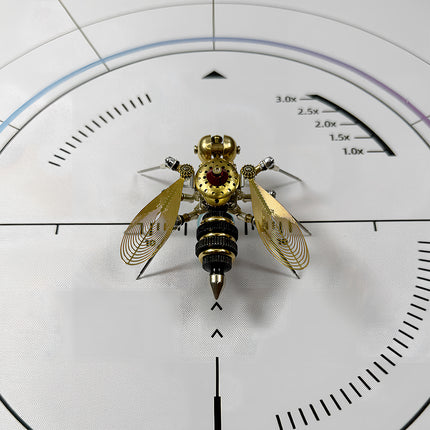 A beautifully crafted steam punk mech bee model, a challenging steampunk puzzle featuring intricate metalwork, gears, and a vibrant red centerpiece.