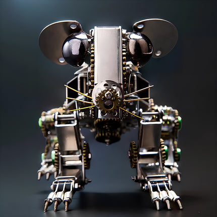 Steampunk mechanical mouse 3D puzzle metal kit - DIY metal model with polished steel plates, interlocking brass gears, metallic whiskers, and sharp clawed feet, a whimsical desk centerpiece