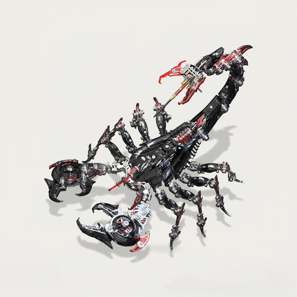 Dynamic black and red mechanical scorpion metal model with intricate details, showcased on a clean white background. This DIY 3D puzzle from our Metal Kits series makes a striking and funny table display for any collector.
