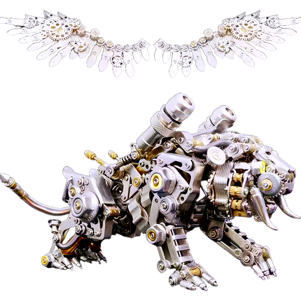 This is a steampunk-style mechanical saber-toothed tiger (assembled via 3D metal puzzles), paired with the "Wings for a Tiger" puzzle wing set. It features stainless steel/alloy parts, exposed gears/joints, poseable limbs/wings, and lifelike saber-tooth details, embodying the "like adding wings to a tiger" concept.Highlighted by intricate puzzle craft, dynamic wing design, and rich mechanical texture, it’s a striking collectible blending 3D puzzle art, steampunk aesthetics, and wildlife modeling.