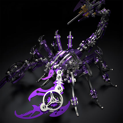 Assembled Purple Scorpion DIY 3D Puzzle Metal Kits - Full-view of the mechanical metal model with polished purple-silver components, movable gear-integrated pincers, and golden accents. This finished 3D puzzle piece combines intricate craftsmanship and dynamic design, serving as a striking futuristic decor for any funny table display.