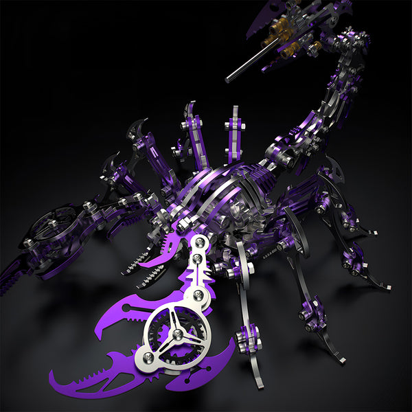 Assembled Purple Scorpion DIY 3D Puzzle Metal Kits - Full-view of the mechanical metal model with polished purple-silver components, movable gear-integrated pincers, and golden accents. This finished 3D puzzle piece combines intricate craftsmanship and dynamic design, serving as a striking futuristic decor for any funny table display.
