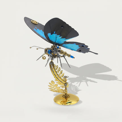 Steampunk-style black-blue mechanical butterfly DIY 3D puzzle metal kits - satisfying hands-on assembly craft with bold color contrast, finished as edgy funny table decor for industrial-themed spaces/gaming setups, featuring intricate gearwork & glossy wing accents