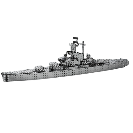 A meticulously crafted DIY 3D puzzle metal kit warship model in side view, highlighting its sleek silhouette and intricate structural details. This captivating metal model makes an ideal centerpiece for a fun tabletop display or an elegant desk accessory