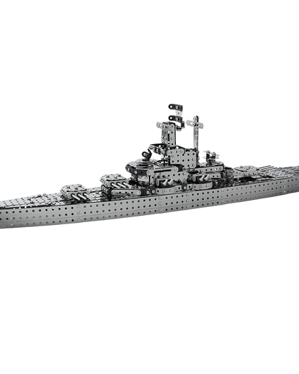 A meticulously crafted DIY 3D puzzle metal kit warship model in side view, highlighting its sleek silhouette and intricate structural details. This captivating metal model makes an ideal centerpiece for a fun tabletop display or an elegant desk accessory