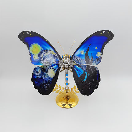 Lavish art-inspired 3D puzzle metal kits - finished diy funny table ornament of mechanical butterfly with dynamic Starry Night brushstrokes, glossy blue wings & ornate golden stand