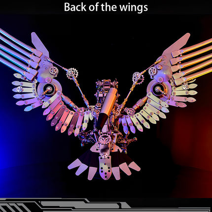  Overhead view of a formidable metal model kit owl with rocket-like features, an impressive metallic 3D puzzle that embodies robust mechanical metal engineering.