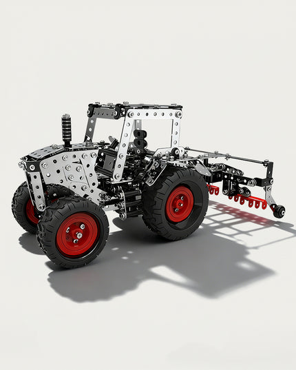 Agricultural Tractor with Cultivator 3D puzzle Metal Kits - DIY assembled table funny model, a mechanical farm vehicle with specialized, intricate, and detailed tillage components, offering fun and challenging assembly, and precise metal artistry for unique desktop decoration