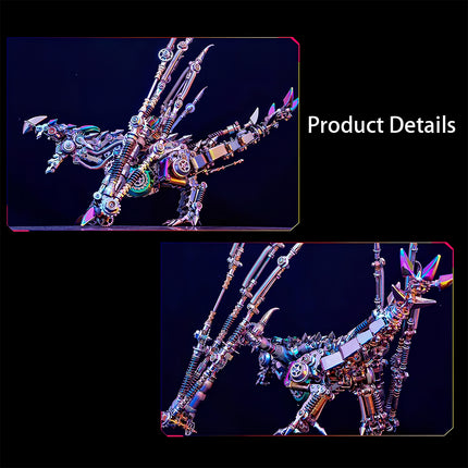 Product details of the mechanical spirit dragon metal model kit, showing close-up views of its iridescent metal body, intricate gears, and articulated limbs. This complex metal 3D puzzle highlights the fine craftsmanship of the maquette en metal.