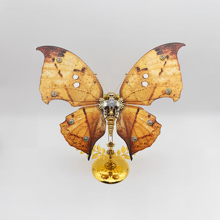 Funny table decor piece - finished DIY 3D puzzle metal model (vintage steampunk butterfly) from metal kits, decorative mechanical insect with golden leaf stand