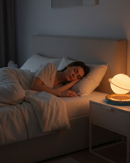 Magnetic levitation Saturn planet lamp floats above a textured base—a color-changing sphere with a warm glow, perfect for bedroom ambiance, bedside lighting, and creative gifts