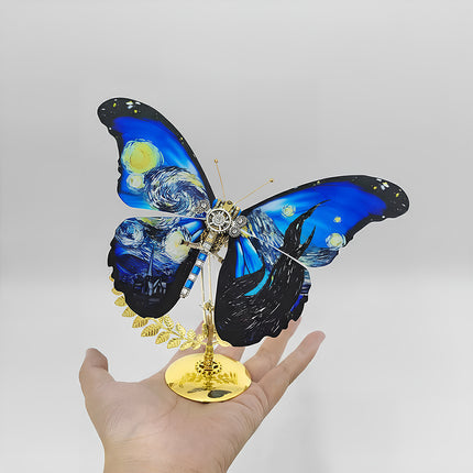 A captivating artistic steampunk puzzle, this mechanical butterfly features wings adorned with Van Gogh's "The Starry Night" painting, delicately held in a person's hand on its golden display stand. This unique metal model seamlessly blends art and intricate mechanical steampunk design, making it a highly desirable 3D puzzle Metal Kit for enthusiasts or a striking handheld steampunk mech decorative piece that truly inspires.
