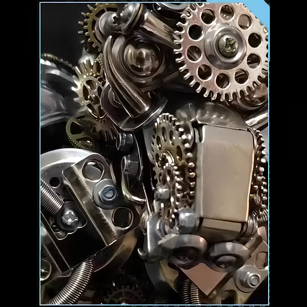 Extreme close-up of interlocking gears and metallic components within a mechanical steampunk model, showcasing the intricate detail of a steam punk mech from 3D puzzle Metal Kits.