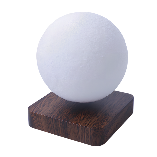 Magnetic levitating 3D moon lamp (unlit) on a dark wood grain base