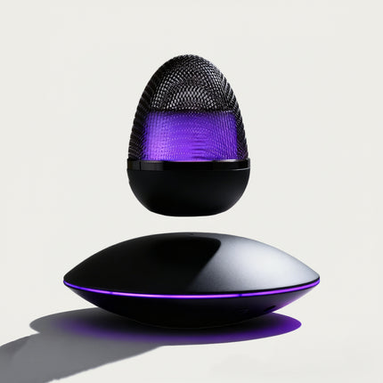 Table Funny Magnetic Levitation Speaker Artwork - An innovative creation for tech enthusiasts, audio lovers, and design admirers, this piece from Table Funny features a magnetic levitation speaker with a sleek black UFO-shaped base, vibrant purple lighting, and a unique egg-like mesh design. Highlighted by its floating audio unit silhouette, magnetic levitation technology, immersive sound performance, and futuristic aesthetic