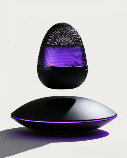 Table Funny Magnetic Levitation Speaker Artwork - An innovative creation for tech enthusiasts, audio lovers, and design admirers, this piece from Table Funny features a magnetic levitation speaker with a sleek black UFO-shaped base, vibrant purple lighting, and a unique egg-like mesh design. Highlighted by its floating audio unit silhouette, magnetic levitation technology, immersive sound performance, and futuristic aesthetic