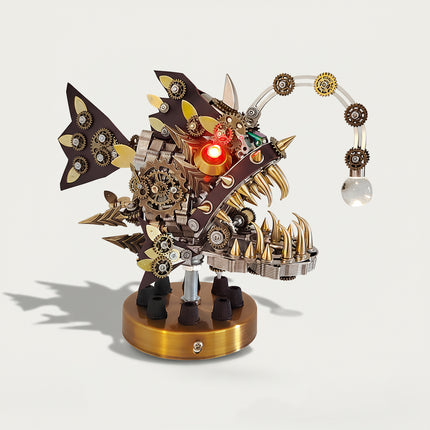 Steampunk Mechanical Anglerfish 3D puzzle Metal Kits - Embark on fun and challenging DIY assembly with intricate gear-driven luminescent details, a fearsome and steampunk-artistic premium metal model perfect for eclectic home bar decor, captivating display, and a distinctive focal point for your funny table that transforms the space into a steampunk haven
