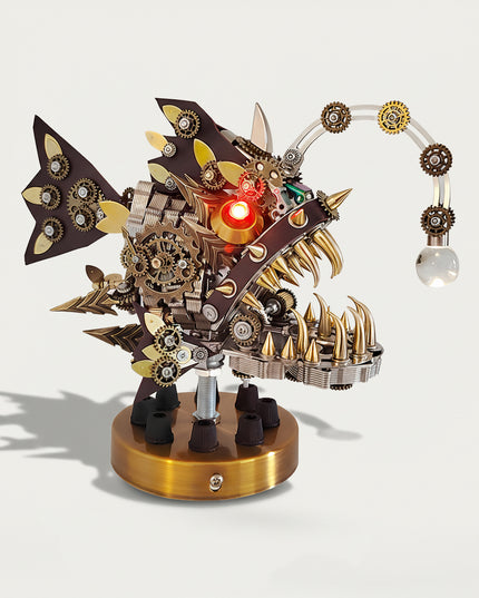Steampunk Mechanical Anglerfish 3D puzzle Metal Kits - Embark on fun and challenging DIY assembly with intricate gear-driven luminescent details, a fearsome and steampunk-artistic premium metal model perfect for eclectic home bar decor, captivating display, and a distinctive focal point for your funny table that transforms the space into a steampunk haven