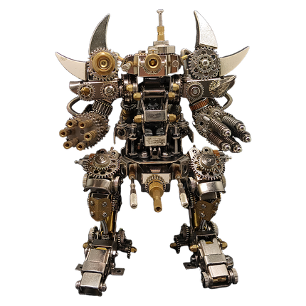 This intricate steampunk robot DIY metal assembly 3D puzzle features movable limbs and intricate gear mechanisms, blending bold industrial aesthetics. Crafted by tablefunny's creative metal model design, it infuses your fun-filled desk with artistic mechanical charm