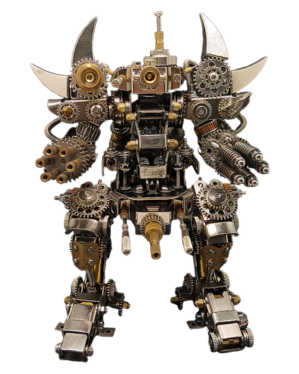 This intricate steampunk robot DIY metal assembly 3D puzzle features movable limbs and intricate gear mechanisms, blending bold industrial aesthetics. Crafted by tablefunny's creative metal model design, it infuses your fun-filled desk with artistic mechanical charm