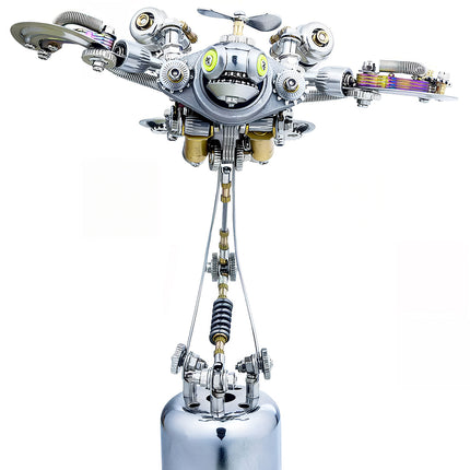 Whimsical 3D metallic puzzle mechanical turtle with a propeller head and expressive yellow eyes, a unique metal model kit.