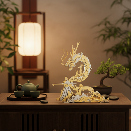 The spirit of the dragon, captured in metal: A magnificent golden Chinese Dragon model kit, the perfect centerpiece for a serene tea room or traditional study